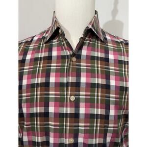 Hickey Freeman Men’s Cotton LS Button Dress Shirt Blue/Green/Pink Plaid Medium M